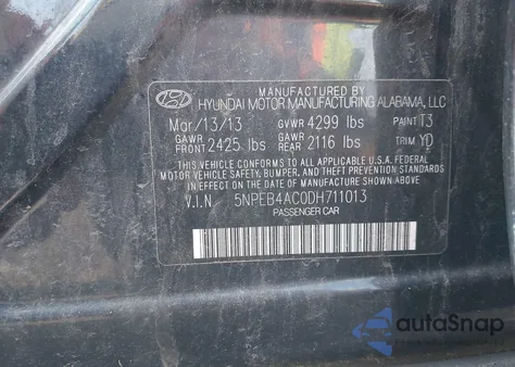 2013 Hyundai Sonata Gls из США, поврежденный, VIN 5NPEB4AC0DH711013